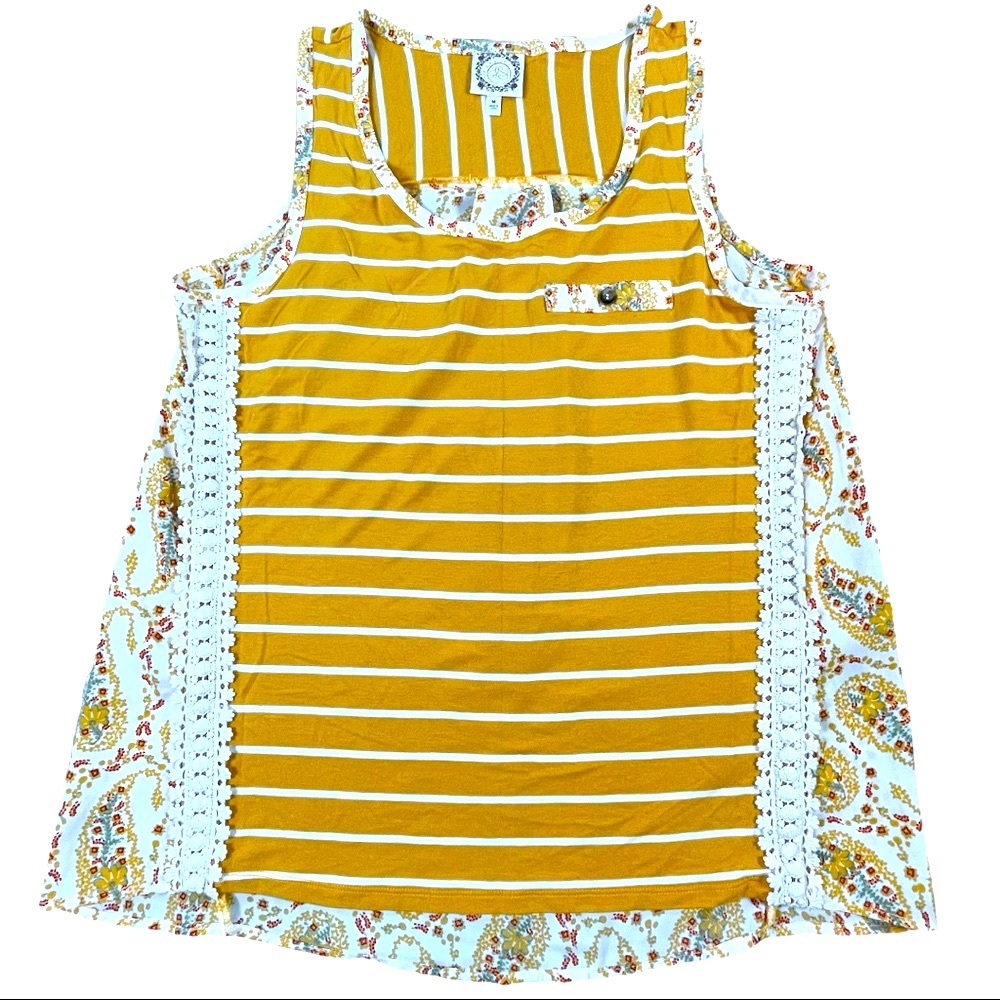 Tru Self size medium gold stripes, paisley sides & back, lace down front EUC